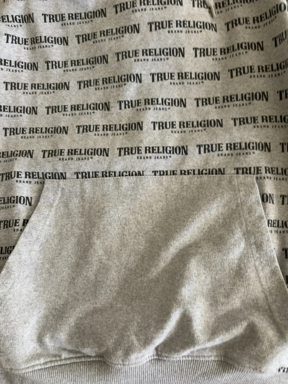 True Religion All Over Logo Gray Pullover Hoodie Men’s Medium